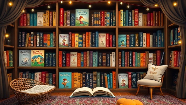 An enchanting bookshelf filled with personalized storybooks featuring subscriber names on the spines, surrounded by cozy reading nooks and fairy lights, evoking a magical and personalized reading experience.