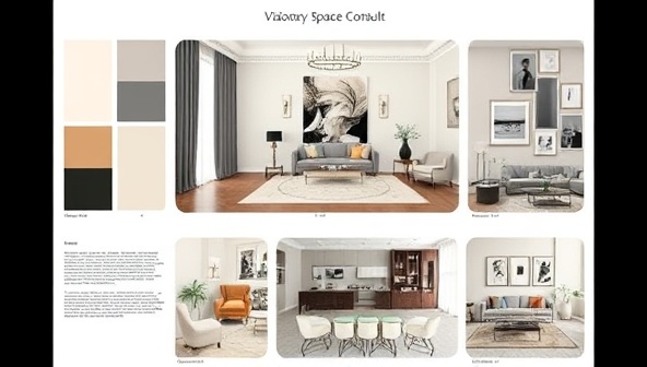 An elegant digital mood board displaying a sophisticated living room design concept with color swatches, furniture layouts, and decor elements, creating a visually appealing and inspiring snapshot of the virtual interior design services offered by Visionary Spaces Consult.