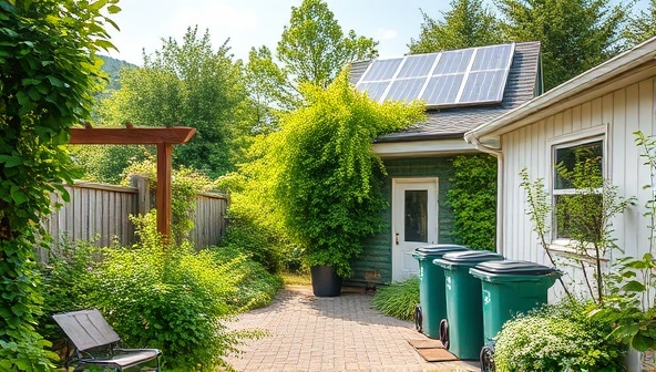 An eco-friendly web design studio surrounded by lush greenery, solar panels on the roof, and recycling bins, emphasizing sustainability and environmental consciousness in web development.