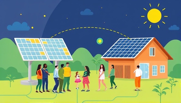 A digital illustration depicting a virtual platform interface showing solar panels transferring energy credits between users, with a diverse group of individuals and households engaging in sustainable energy sharing, symbolizing collaboration and environmental impact.