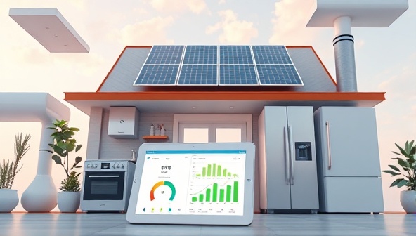 An image of a modern smart home setup with energy-efficient appliances, solar panels on the roof, and the EcoWatt Insight monitoring system displayed on a tablet, showing real-time energy usage data and cost-saving recommendations, creating a futuristic and eco-friendly living environment.