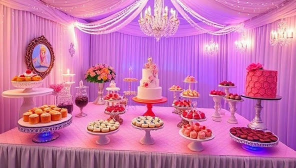 An enchanting dessert bar setup featuring a grand display of cakes, pastries, and treats in a whimsical setting with fairy lights, vibrant colors, and interactive dessert stations, creating a magical and inviting atmosphere for guests to indulge and socialize.