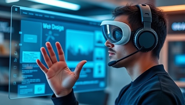 An individual interacting with a futuristic headset, issuing voice commands to design a website on a transparent digital screen, highlighting the convenience and innovation of voice-activated web design, set in a sleek tech-inspired environment.