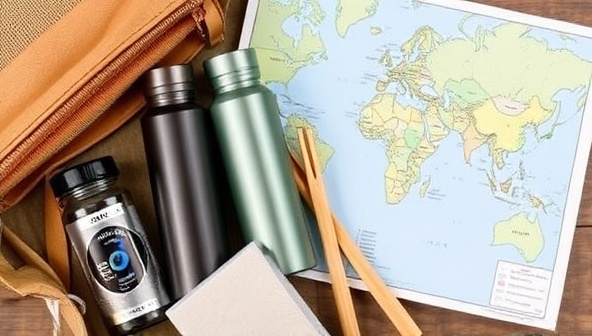 An eco-friendly travel kit with reusable water bottles, bamboo utensils, and a map of sustainable destinations, symbolizing the eco-conscious approach of GreenRoutes Travel.