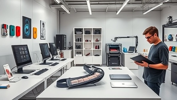 A sleek image of a tech accessories studio with digital design stations, 3D printers producing custom gadget cases, and a tech designer creating a bespoke laptop sleeve, showcasing the fusion of technology and design in personalized tech accessories, appealing to tech aficionados.