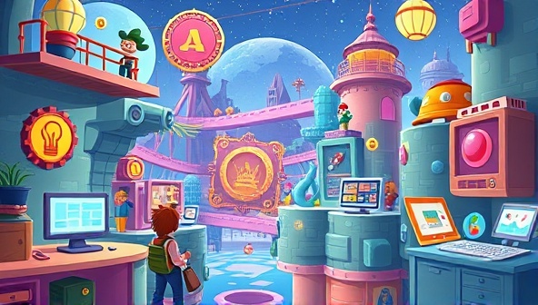 An animated scene of users exploring a virtual design world filled with design challenges, interactive elements, and creative rewards, capturing the essence of DesignQuest as a gamified web design platform that combines fun, creativity, and skill-building in an imaginative and visually stimulating environment.