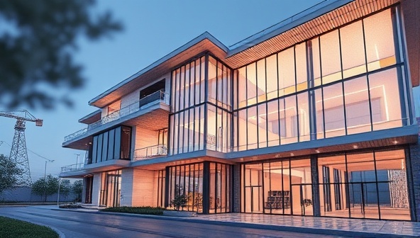 A stunning 3D rendering of a modern architectural design, showcasing intricate details, textures, and lighting effects, illustrating the high-quality visualization services offered by VirtuBuild Visuals for construction projects.
