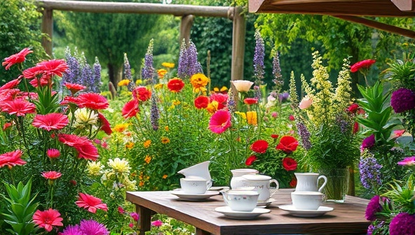 A tranquil and picturesque image of an enchanting flower garden filled with vibrant blooms, aromatic herbs, and a serene tea blending station surrounded by teacups and botanical infusions, evoking a sense of peace and botanical beauty.