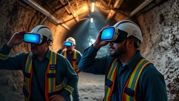 An immersive VR simulation showing miners wearing VR headsets navigating through a virtual mine environment, practicing safety drills and responding to simulated emergencies, creating a realistic and impactful training experience with SafeMine VR.