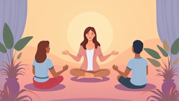 An inspiring digital illustration of a virtual wellness coach leading a group meditation session with remote employees, surrounded by calming nature elements and positive energy, illustrating the WellnessWave Connect platform