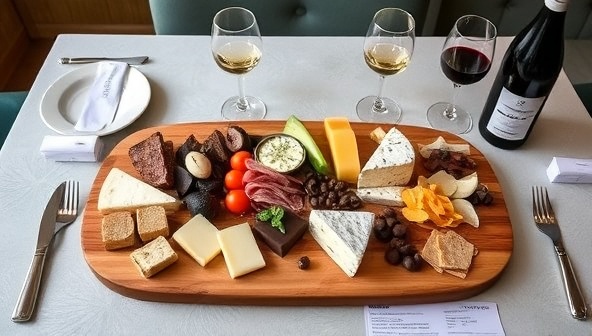 An inviting image of a virtual food tasting setup with a beautifully arranged tasting board featuring a selection of cheeses, charcuterie, chocolates, and wines, accompanied by tasting notes, glassware, and decorative elements, creating an elegant and immersive tasting experience for participants of TasteVirtuoso.