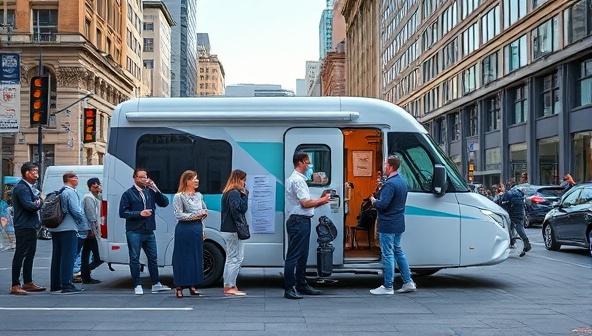 A sleek and modern mobile health unit parked in a bustling city square, with healthcare professionals conducting screenings for a diverse group of individuals, showcasing convenience and accessibility in healthcare services.