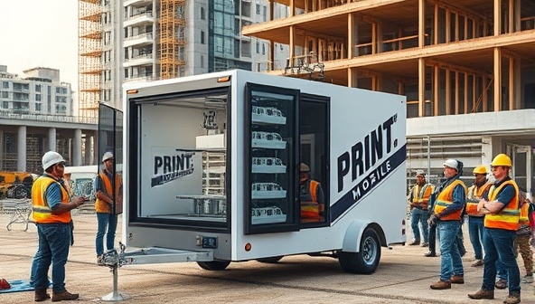 An impressive visual of a mobile 3D printing unit in action at a construction site, creating intricate building components with precision and speed, surrounded by curious onlookers and construction workers, exemplifying the innovation and efficiency of PrintBuild Mobile's on-site 3D printing construction service.