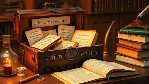 An artistic representation of a treasure chest overflowing with writing tools, inspirational quotes, literary trinkets, and a glowing manuscript, surrounded by a warm writing desk setup with a quill pen, parchment paper, and a stack of books, inspiring creativity and storytelling magic for aspiring authors.
