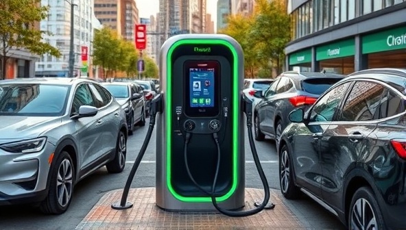An urban setting with a sleek, modern EV charging station surrounded by bustling electric vehicles, showcasing the convenience and eco-friendly nature of the ChargeWave network.