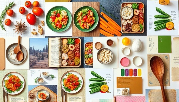 An artistic mood board collage featuring vibrant food images, culinary sketches, ingredient swatches, and cooking utensils, symbolizing the creative process behind recipe development and culinary innovation, inspiring a sense of artistry and culinary exploration.