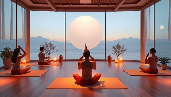 An immersive visual of a peaceful virtual yoga session with serene background music, soothing lighting, and a yoga instructor guiding participants through gentle poses and breathing exercises, creating a tranquil and mindful atmosphere for relaxation and rejuvenation.