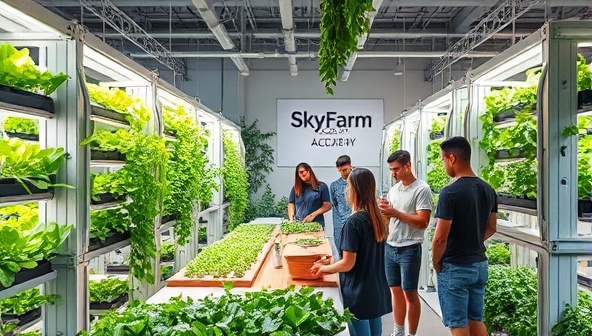 An educational workshop setting at SkyFarm Academy, featuring participants assembling and tending to vertical hydroponic systems under the guidance of expert instructors, surrounded by lush greenery and futuristic farming equipment, inspiring a sense of innovation and sustainability in agriculture.