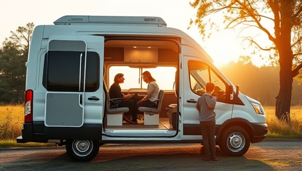 An inviting image of a mobile therapy van parked in a serene natural setting, with soft lighting, comfortable seating, and a therapist engaging in a counseling session with a client, conveying a sense of comfort, privacy, and mental well-being.