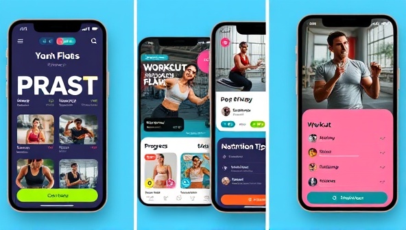 An engaging app interface showcasing diverse workout programs, nutritional tips, and progress tracking features, with a vibrant color scheme and motivational quotes for user inspiration.