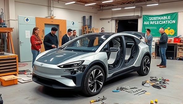 An electric car being assembled in a workshop setting, with tools laid out neatly, a group of participants learning and working together, surrounded by banners promoting sustainability and innovation.