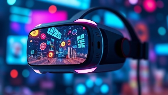 An engaging and futuristic VR headset displaying a vibrant, immersive marketing experience where virtual elements interact with real-world products, illustrating the potential of VRapture Marketing's innovative approach to marketing.