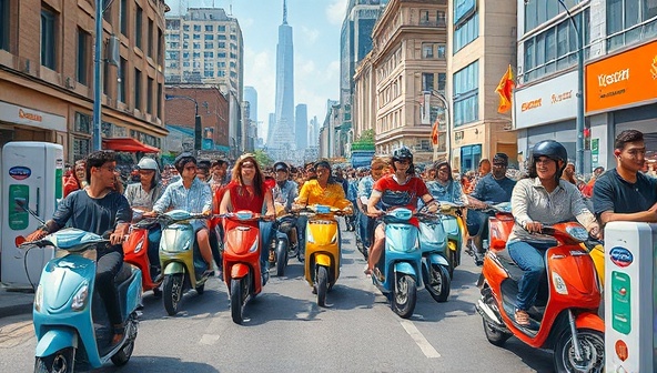 An artistic representation of a bustling city street filled with diverse individuals riding colorful electric scooters, with charging stations and city landmarks in the background, showcasing a sustainable and vibrant urban mobility scene, conveying freedom, efficiency, and eco-consciousness.