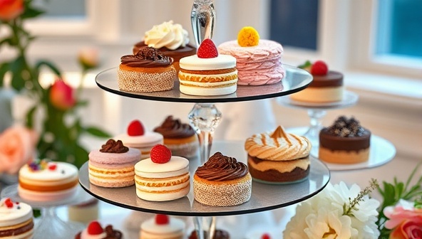 An array of exquisite desserts elegantly displayed on a tiered dessert stand, adorned with fresh flowers and decorative elements, creating a visually captivating and mouth-watering scene that evokes a sense of indulgence and luxury.