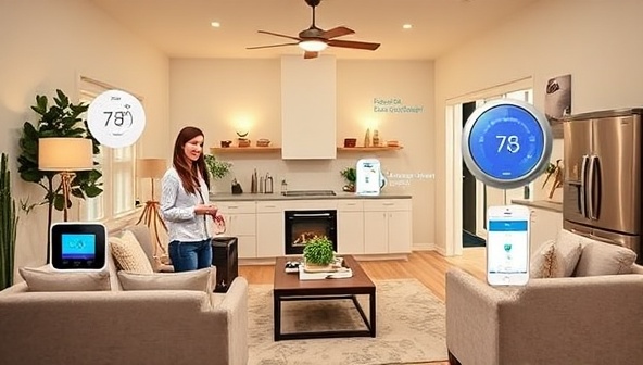 An inviting living room setting with smart home devices like thermostats, lighting controls, and energy-efficient appliances, displaying a modern and sustainable lifestyle, with a consultant explaining the benefits to a homeowner, showcasing expertise and innovation.