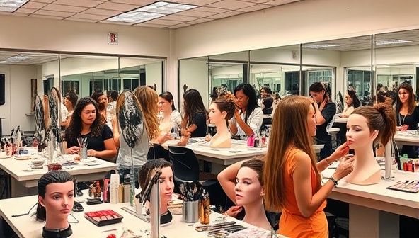 An inspiring classroom setting within the beauty artistry academy, featuring students practicing makeup techniques on mannequins, with mirrors, brushes, and a variety of cosmetic products neatly arranged on workstations, exuding creativity and learning in a professional environment.