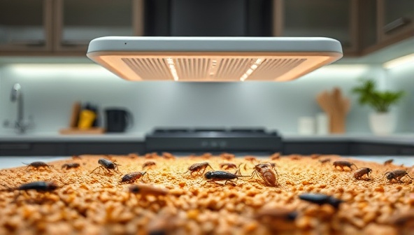 An intriguing image of a modern kitchen setup with a sleek insect farming kit featuring various edible insect species crawling on a bed of nutrient-rich substrate, highlighting the novelty and sustainability of insect farming for alternative protein sources.