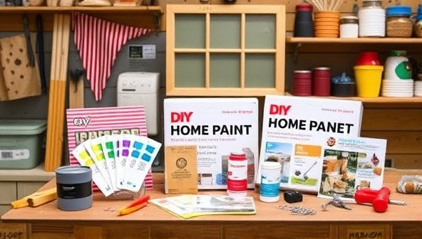 A vibrant image showcasing a variety of DIY home improvement kits containing paint samples, tools, hardware, and instruction booklets, arranged neatly on a workbench with a completed decor project in the background, inspiring creativity and hands-on home improvement.