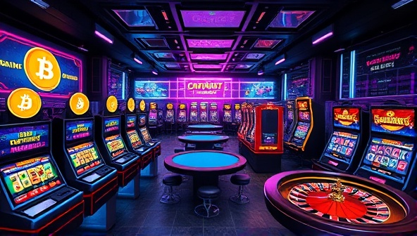 A digital casino landscape featuring a futuristic gaming floor with virtual slot machines, card tables, and roulette wheels, illuminated by neon lights and digital displays showcasing cryptocurrency symbols and rewards, capturing the high-tech and immersive gaming experience of CryptoQuest Casino.