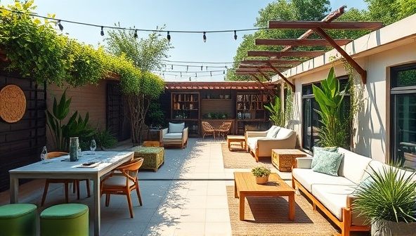 A serene co-living space with a blend of modern workstations, comfortable lounge areas, and lush greenery, creating an idyllic setting for remote work, relaxation, and community interaction under the sun.