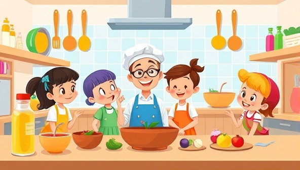 An animated kitchen setting with colorful cooking utensils, kid-friendly ingredients, and a cheerful chef guiding a group of children through a virtual cooking class, fostering a sense of joy, learning, and culinary exploration in a playful environment.
