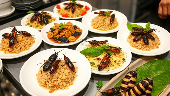 An appetizing food presentation featuring a variety of insect-based dishes creatively plated with garnishes and seasonings, showcasing the culinary versatility and nutritional value of edible insects as a delicious and sustainable protein source.