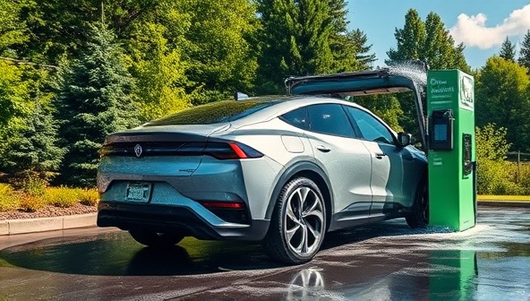 A serene outdoor setting with a luxurious electric vehicle undergoing a waterless wash and eco-friendly detailing process by GreenSuds EcoWash, surrounded by lush greenery and clear skies, highlighting the harmony between sustainable practices and automotive care.
