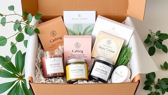 A beautifully designed subscription box filled with calming candles, soothing teas, mindfulness journals, and relaxation tools, surrounded by greenery and natural elements, evoking a sense of tranquility and self-care.
