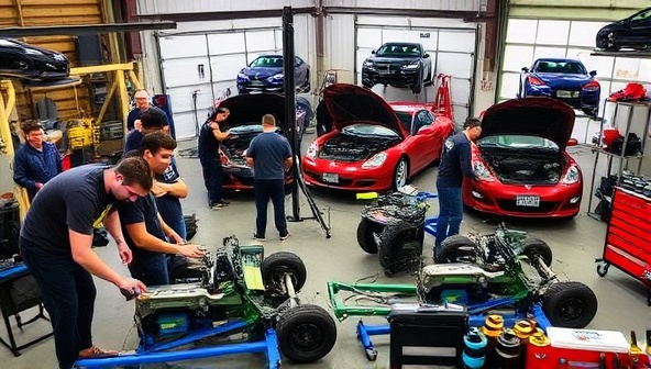 A vibrant workshop setting featuring a group of enthusiasts working on various car maintenance tasks using professional tools and equipment, with an experienced instructor providing guidance and support, creating a collaborative and educational atmosphere reflective of AutoCraft Garage's DIY workshop studio concept.