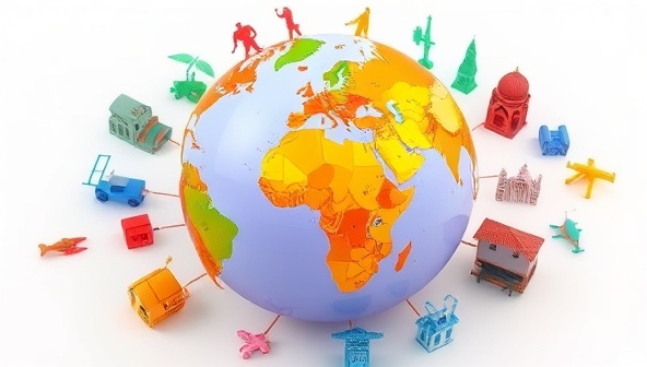 A vibrant digital globe surrounded by colorful icons representing different virtual travel experiences, showcasing a world of possibilities and cultural diversity.