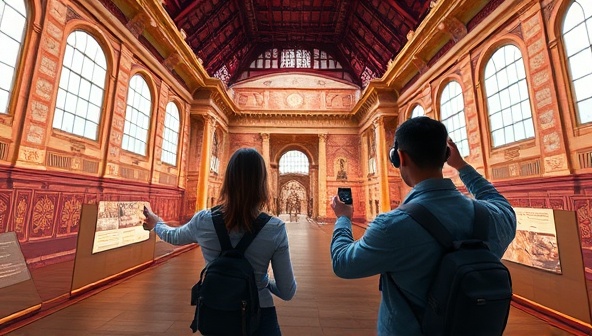 An engaging virtual reality scene showcasing users exploring a digital replica of a famous architectural landmark, with interactive elements, historical information pop-ups, and immersive visual effects, capturing the essence of architectural discovery and exploration through VR technology.