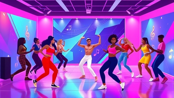 A vibrant digital illustration showcasing a virtual dance studio environment with diverse avatars participating in a high-energy dance class led by a professional dancer, featuring colorful dance visuals, music notes, and dynamic movements, capturing the essence of a lively and inclusive online dance community.
