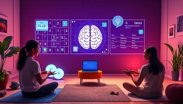 An interactive mental workout scene with users engaging in brain teasers, puzzles, and relaxation exercises within the MindMender platform, showcasing a blend of fun gameplay and cognitive fitness challenges for mental wellness.