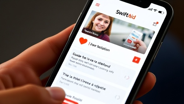 A mobile phone screen displaying the SwiftAid app interface with a user making a donation to a disaster relief fund, accompanied by real-time updates on the impact of the contribution, conveying immediacy and transparency in aid support.