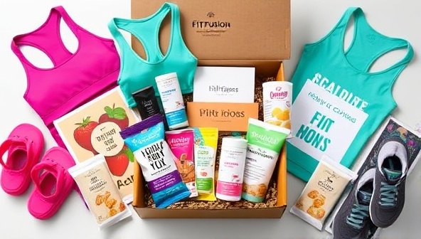 An aesthetically pleasing flat lay of a FitFusion Box filled with colorful workout gear, healthy snacks, motivational quotes, and wellness products, arranged in a visually appealing way to convey the variety and value of the subscription service.