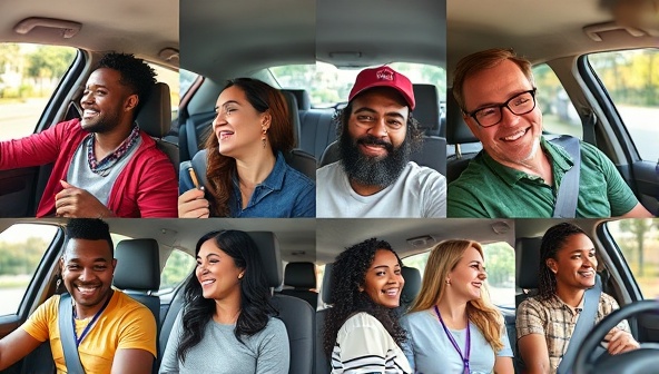 An engaging collage of diverse individuals sharing a ride, chatting and smiling during their commute, showcasing the social and environmental benefits of joining the CommuniRide Club carpooling network.