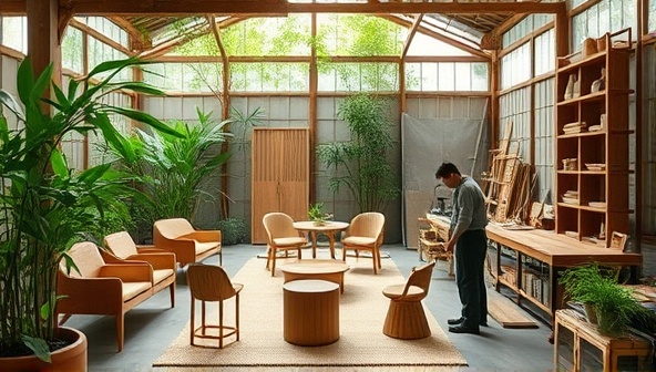 A workshop setting with artisans crafting elegant furniture pieces from sustainable bamboo, surrounded by lush greenery and natural light, conveying a harmonious blend of nature and craftsmanship.