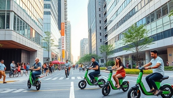An urban scene showcasing a bustling city street with people riding e-scooters, surrounded by modern architecture and green spaces, highlighting the convenience and eco-friendly nature of UrbanWheel's e-scooter sharing network as a smart mobility solution for city dwellers.