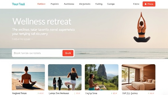 An online marketplace interface showcasing a variety of wellness retreat options, with serene images of yoga sessions on the beach, meditation in nature, and spa treatments, inviting users to explore and book transformative travel experiences for rejuvenation and self-discovery.