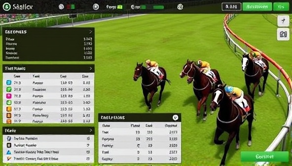 A dynamic visual representation of a virtual horse racing simulator interface with detailed horse models, race statistics, and a virtual betting slip, capturing the excitement and realism of E-Quest Racing.